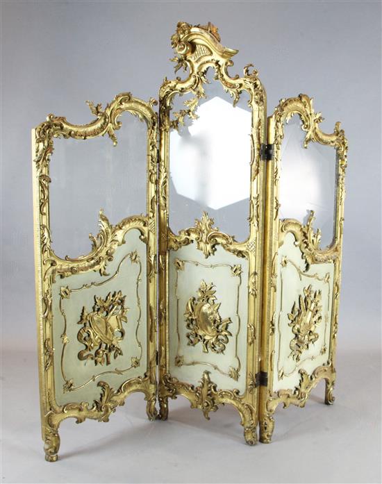 A Louis XV style painted and parcel gilt three fold screen, Widest panel 1ft 11in. H.5ft 9in.